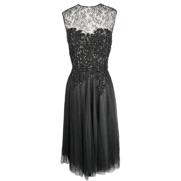 Reem Acra Black Lace Sequin Bodice Tulle Midi Dress- Size 6 - Picture 2 of 9